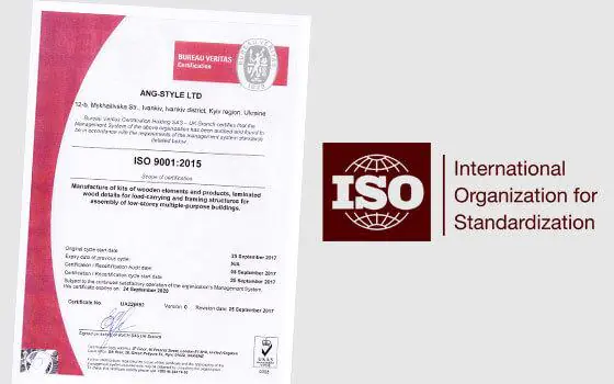 Получили международный сертификат качества ISO 9001:2015 на производство клееного бруса.