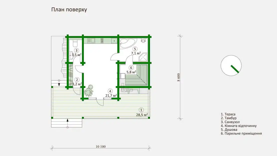 Планировка деревянной бани из клееного бруса, проект №1-70