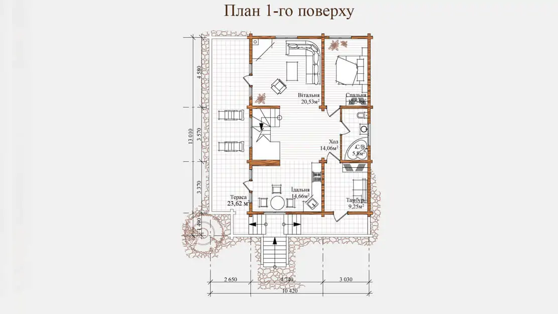 Планировка деревянного дома из клееного бруса по проекту 2-210