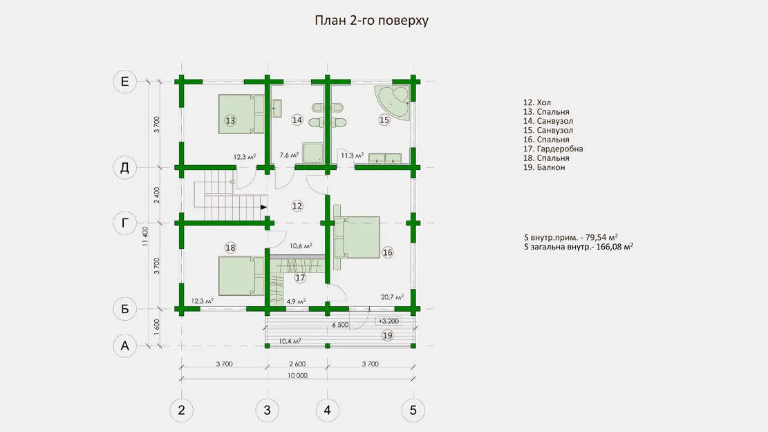 Планировка деревянного дома из клееного бруса по проекту 2-166-1