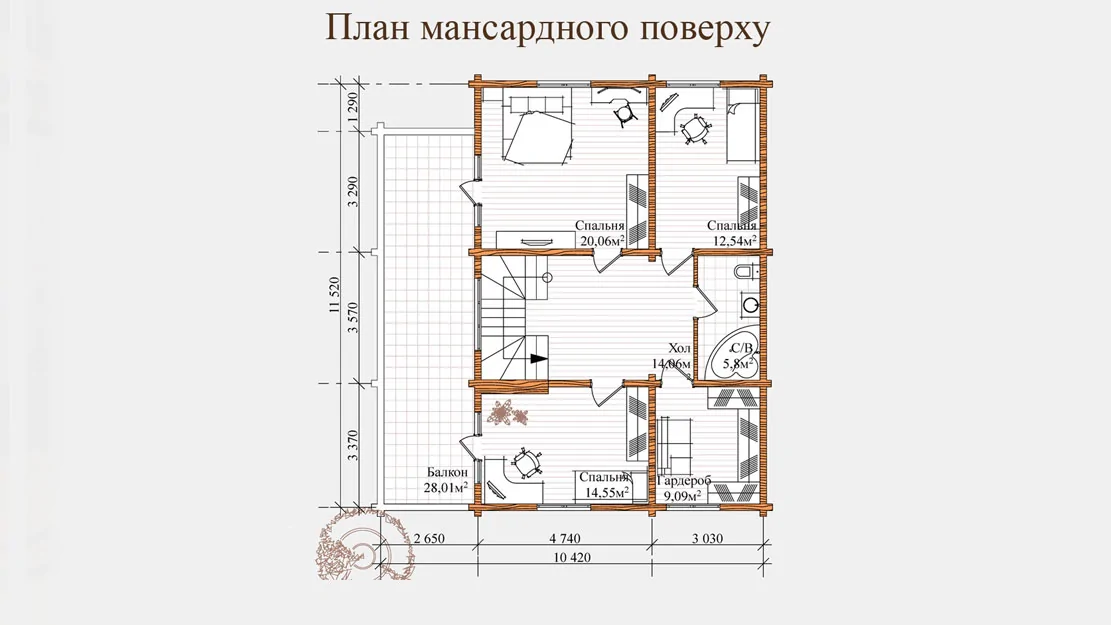 Планировка деревянного дома из клееного бруса по проекту 2-210
