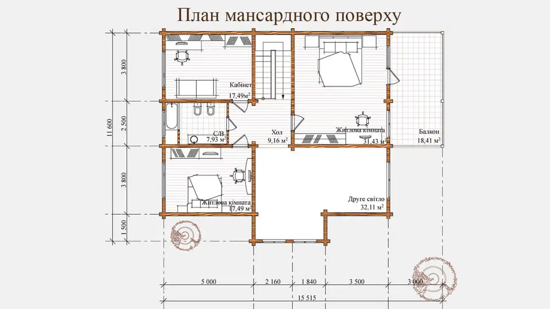 Планировка деревянного дома из клееного бруса по проекту 2-315