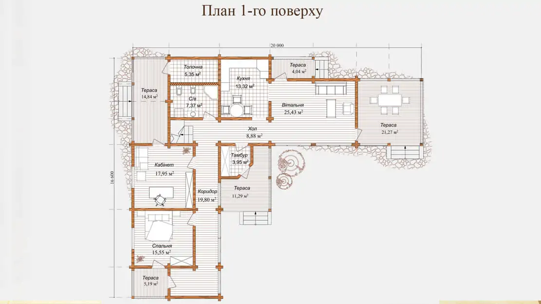Планировка деревянного дома из клееного бруса по проекту 2-213-2