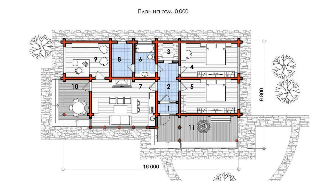 Планировка деревянного дома из клееного бруса по проекту 1-156